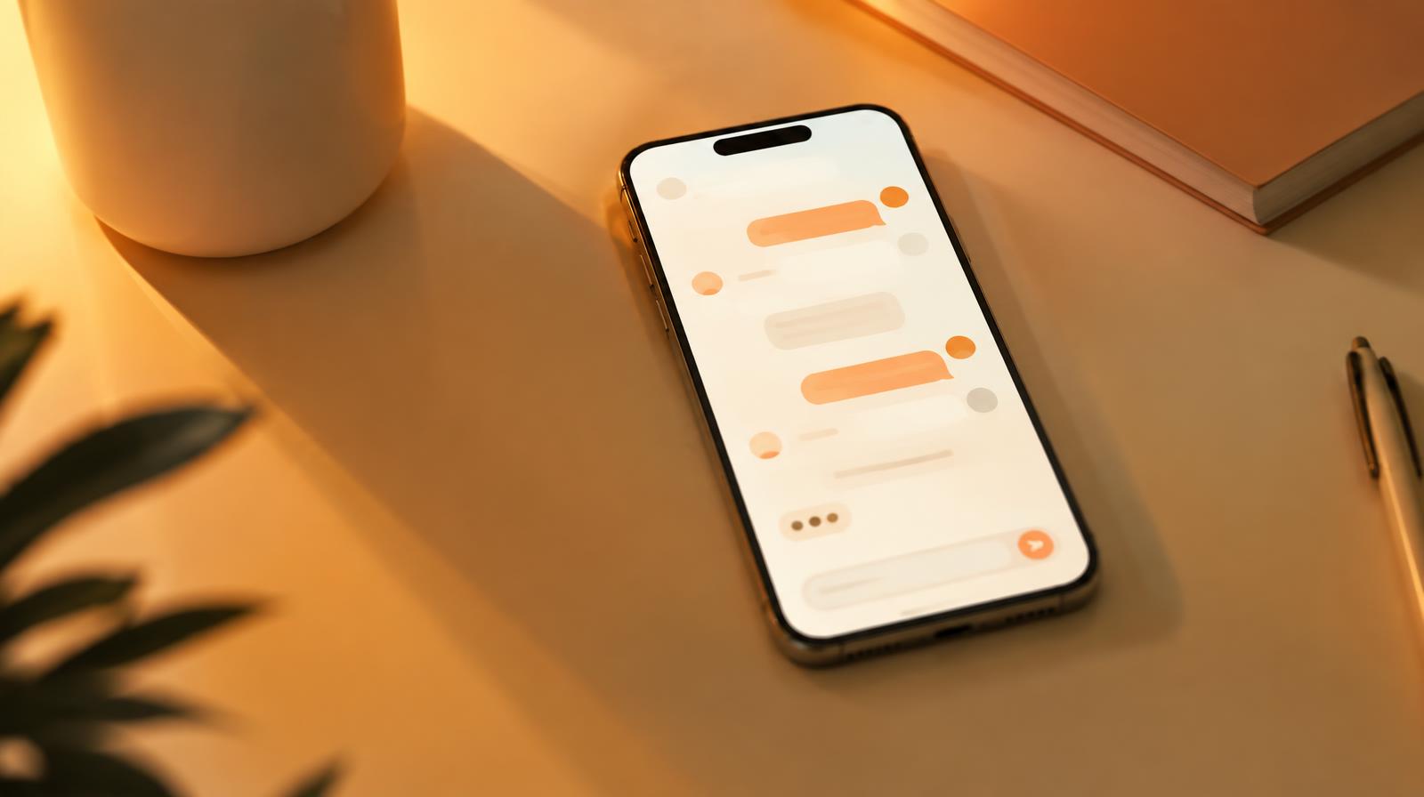 Smartphone showing an abstract chat interface in warm light — online reputation in AI search