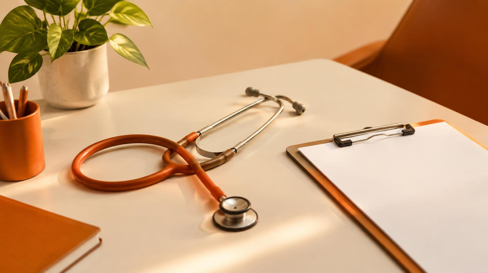 Stethoscope and clipboard on a clinic desk — online reputation for healthcare practices