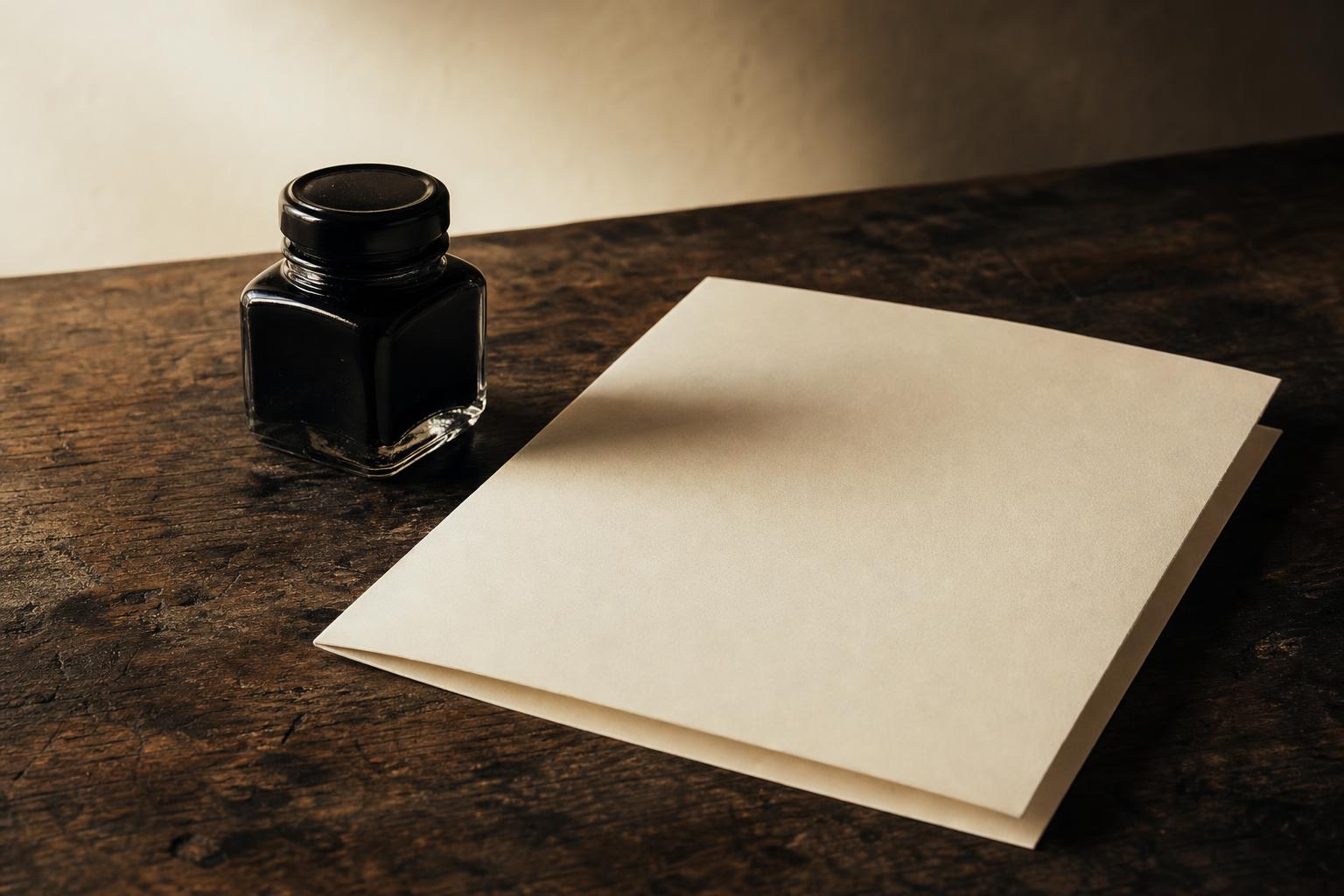 Black ink bottle beside a cream folded paper on a wooden desk — illustrating the durability of online reputation outcomes