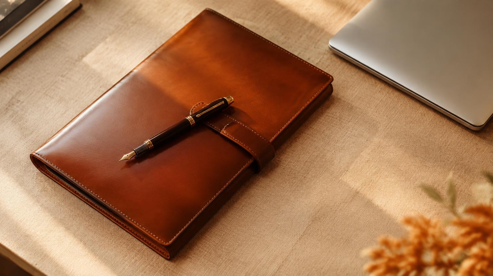 Leather portfolio and fountain pen on linen beside a laptop — executive online reputation