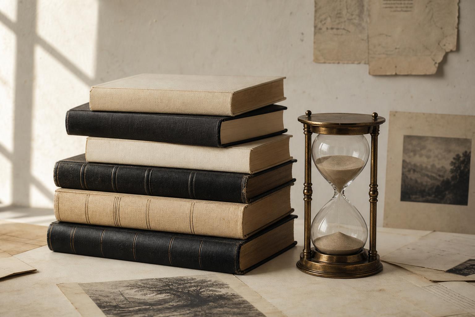 Stacked vintage books and an hourglass — visualizing the steady growth of the online reputation industry over the past 15 years