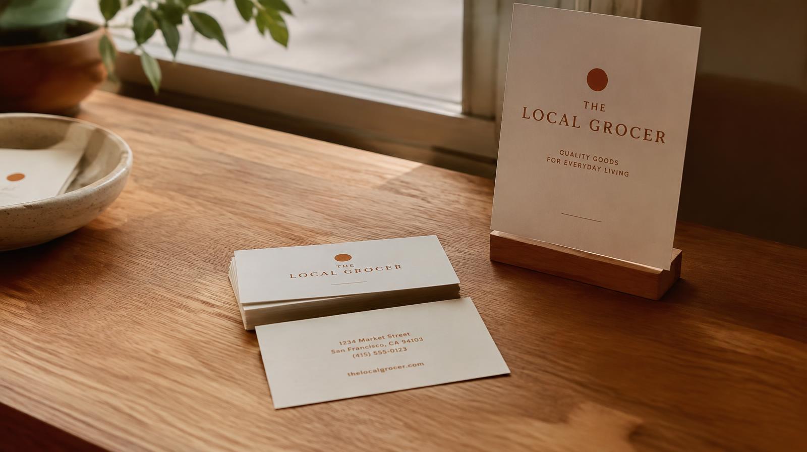 Cream business cards and a small shop sign on a wooden counter — online reputation for small business